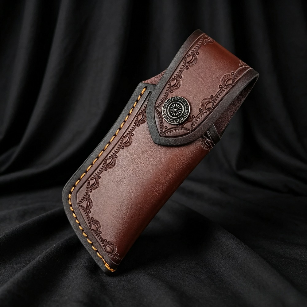 Leather Edc. Carry Pouch - Verzamelbare geprägte echtleren messenkoker, bruin gestikt,